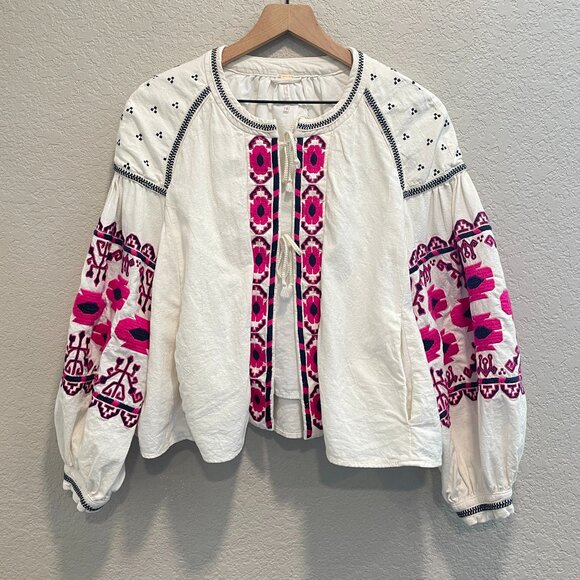 Free People Linen Cotton Bohemian Embroidered Balloon Sleeve Cropped Jacket M - Picture 2 of 8